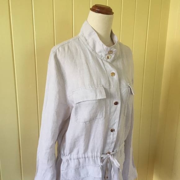 JONES NEW YORK linen womens L long line draw string jacket oatmeal gold tone NEW - Picture 2 of 16